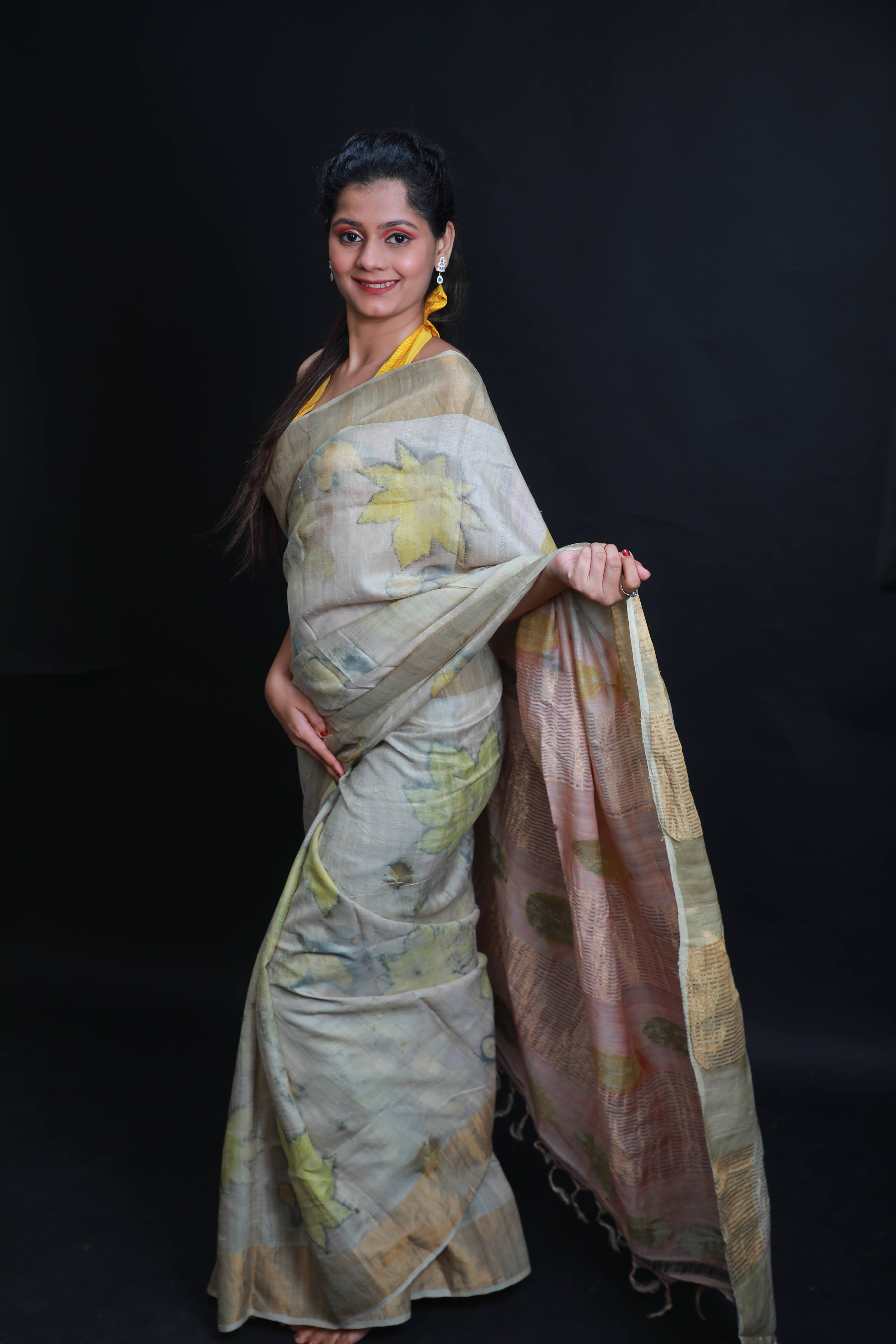 Eco print saree 100% tussar silk