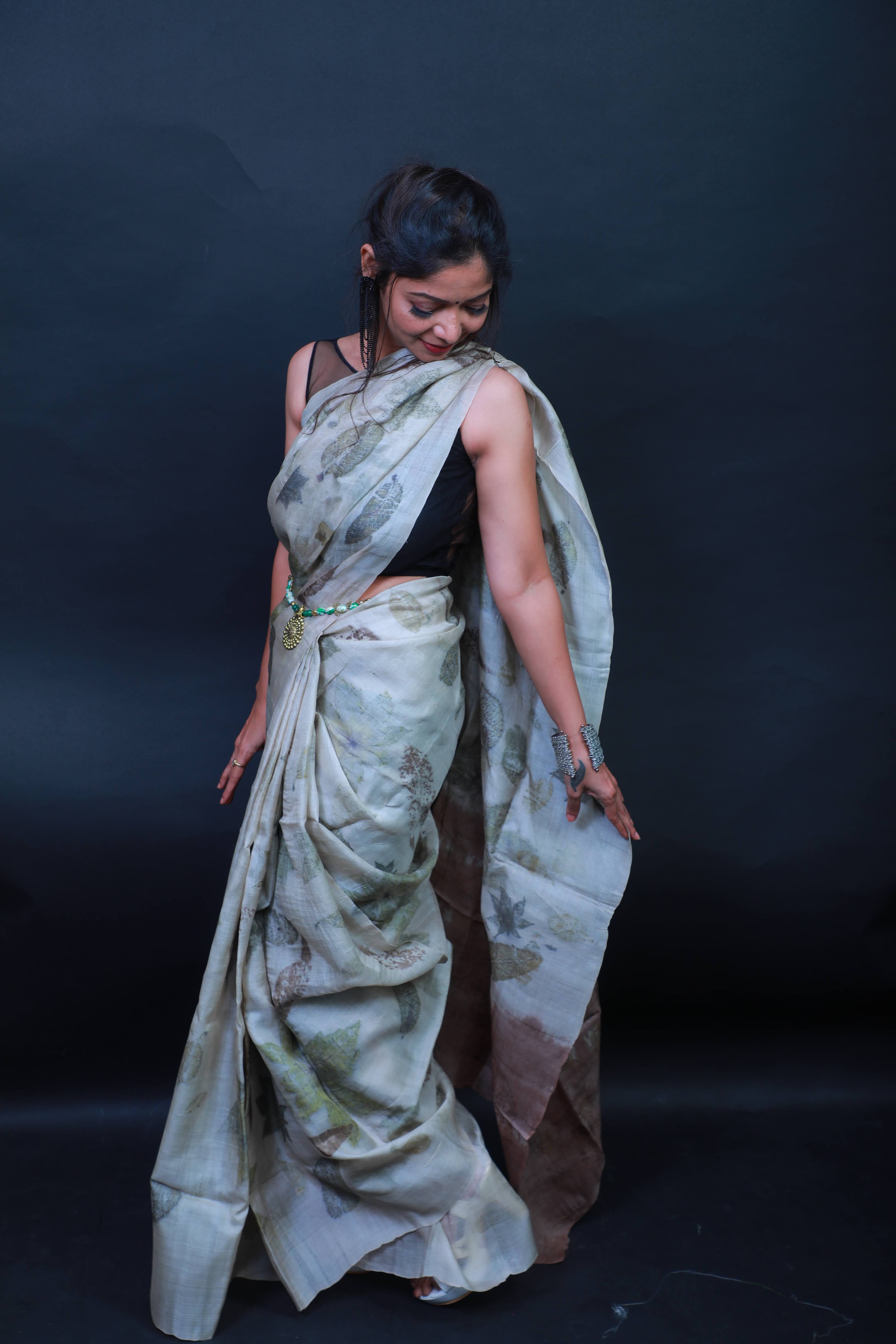 Eco print saree 100% tussar silk