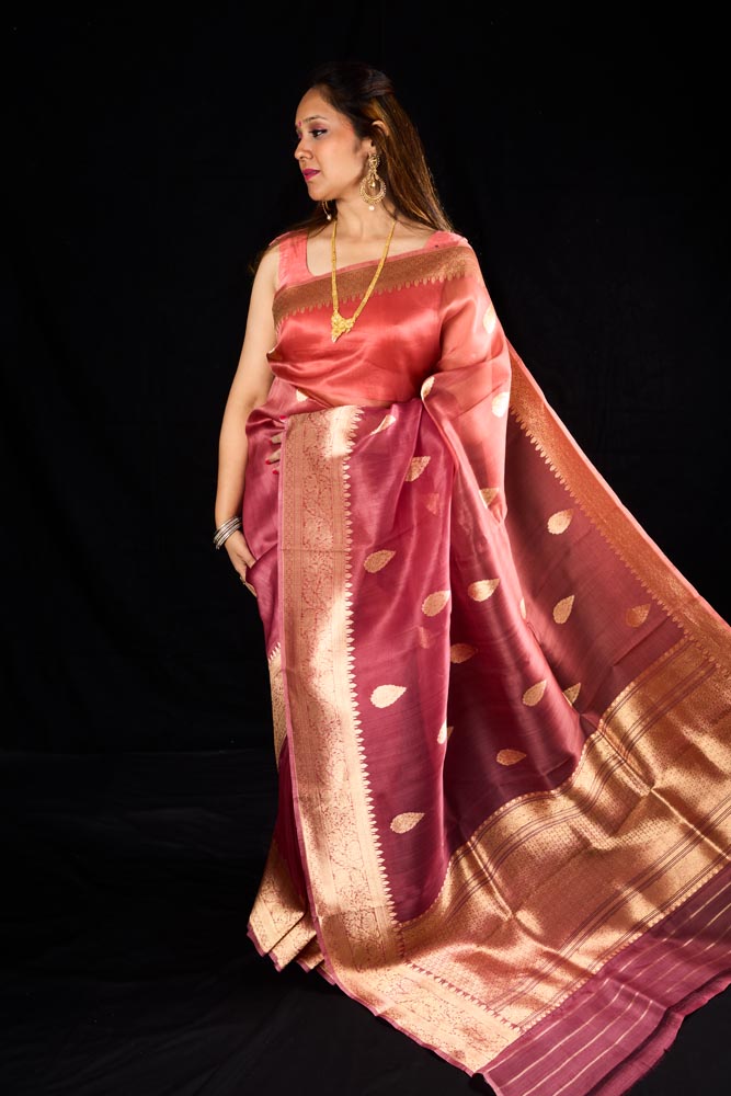 Pure Organza Banarasi Saree - Red Pink