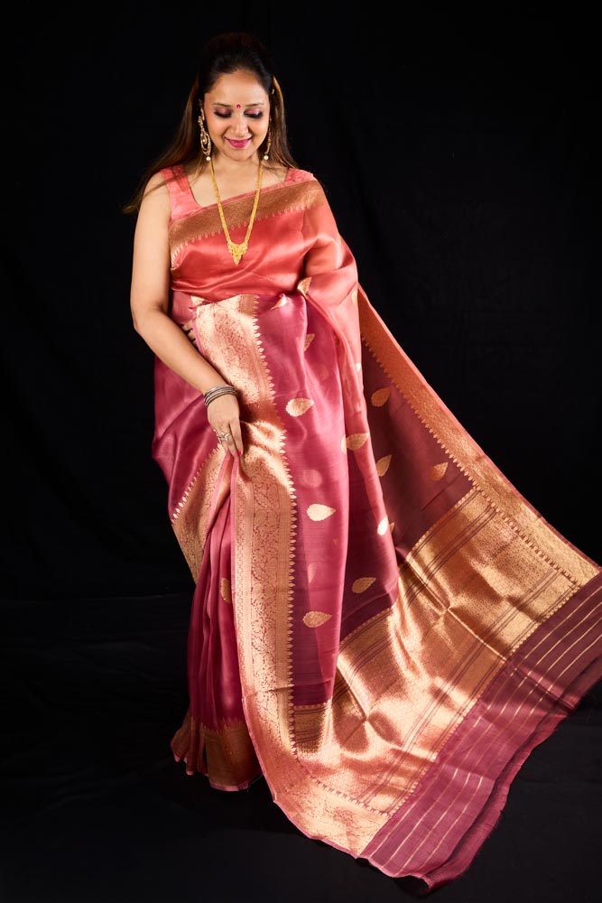 Pure Organza Banarasi Saree - Red Pink