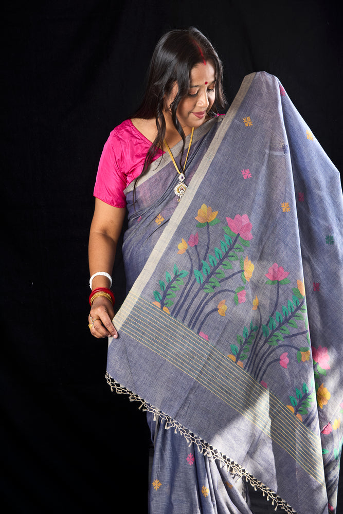 Premium Quality Khadi Cotton Saree - Sky Blue