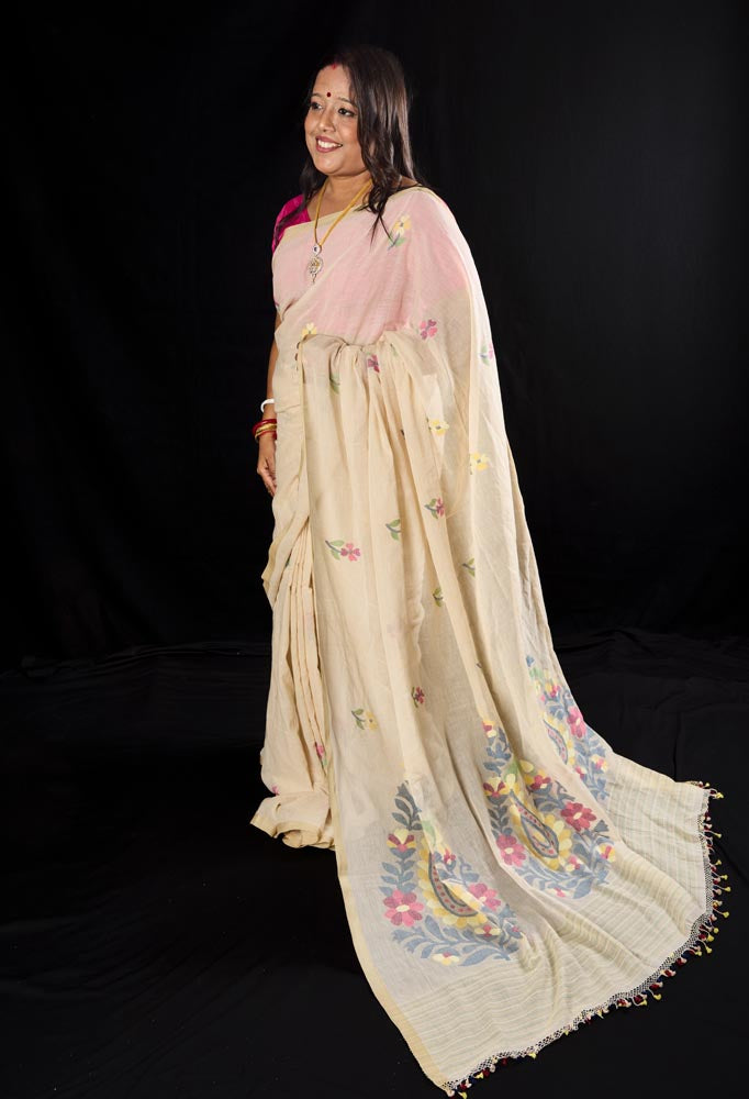 Premium Quality Khadi Cotton Saree - White